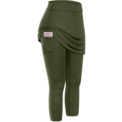 Women Tennis Skirted Leggings Pockets Elastic Sports Yoga Capris Skirts Legging - ROUTINE FASHION